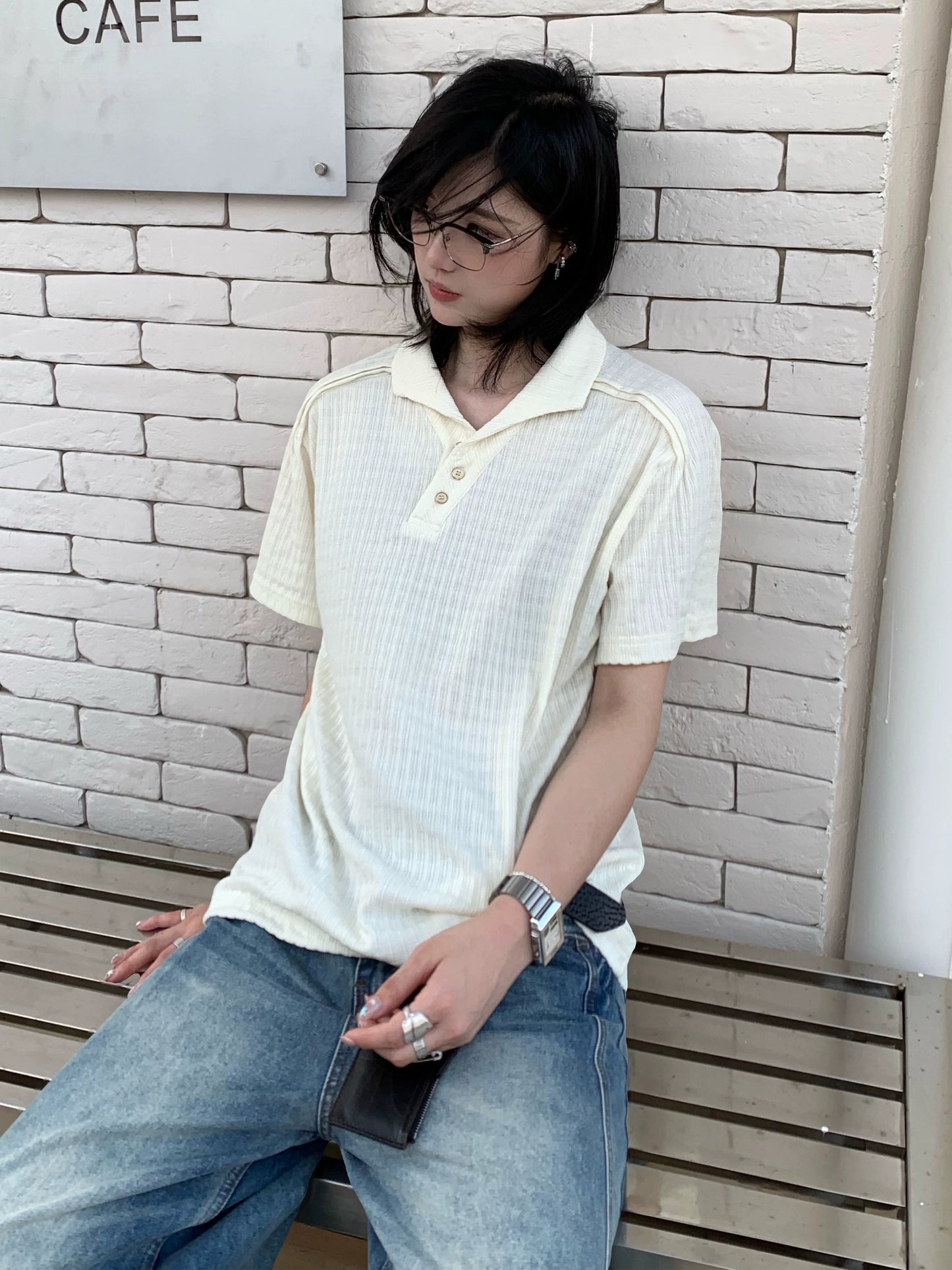 【Oneblue Shop】リブヘンリー ポロTシャツ / Rib Henley Polo Tee NS67127