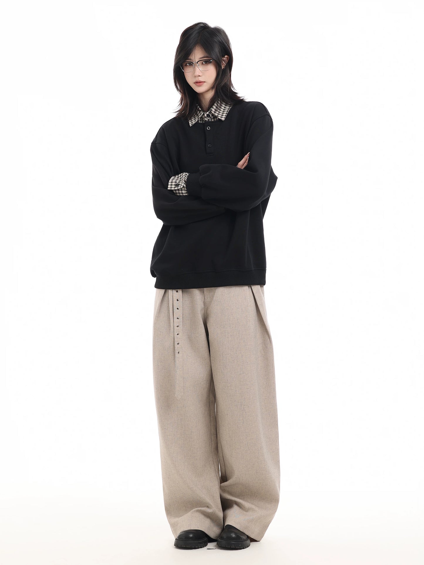 【oneblue Shop】【2way风】フェイクレイヤード チェック柄 襟付き スウェット / ビッグシルエット ポロプルオーバー