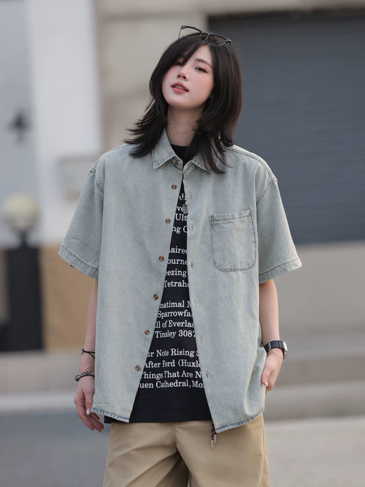 【Oneblue Shop】ウォッシュドデニムショートスリーブシャツ / Washed Denim Short Sleeve Shirt LS2604101