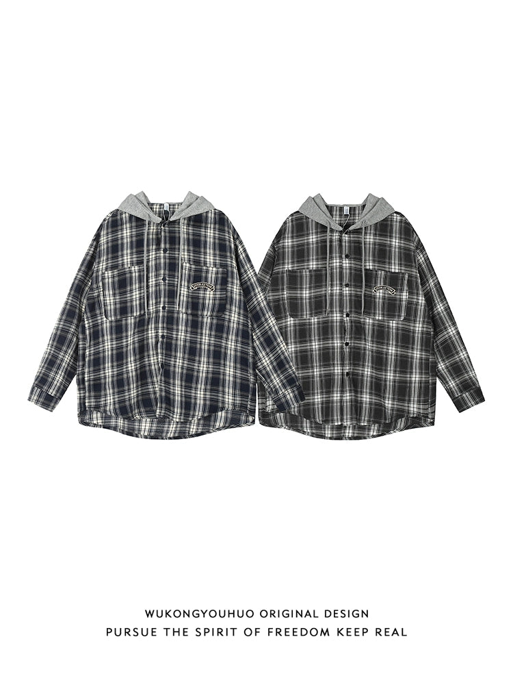 【OneBlue Shop】タギング刺繍 フード付きシャツ/plaid shirt Ls2404241