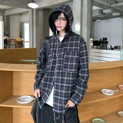 【Oneblue Shop】ダブルポケットフードチェックシャツ / DOUBLE POCKET HOODED PLAID SHIRT 260985
