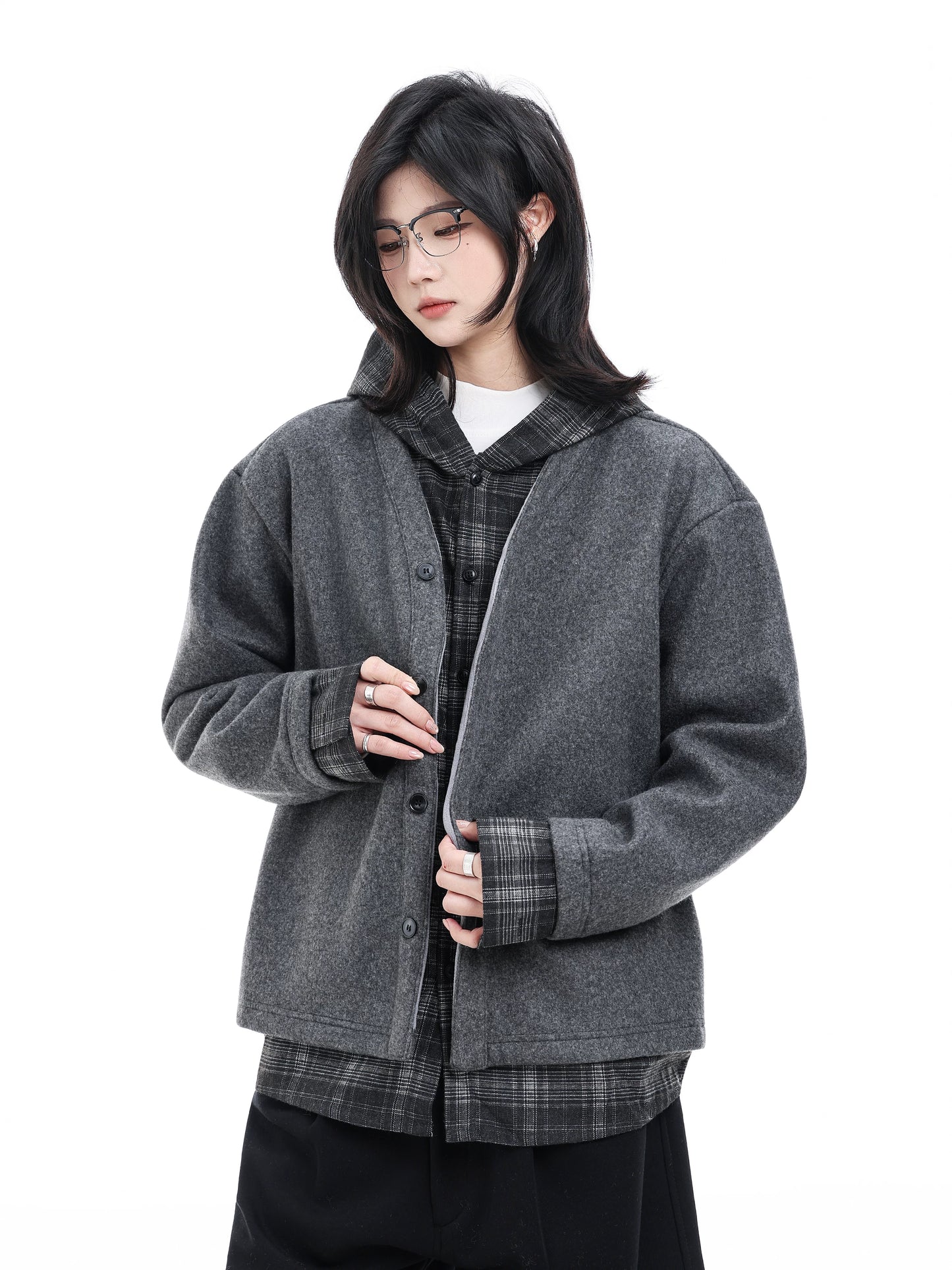 【Oneblue shop】【2way風】フェイクレイヤード フーデッドブルゾン / ビッグシルエット 重ね着風アウター LS2601095