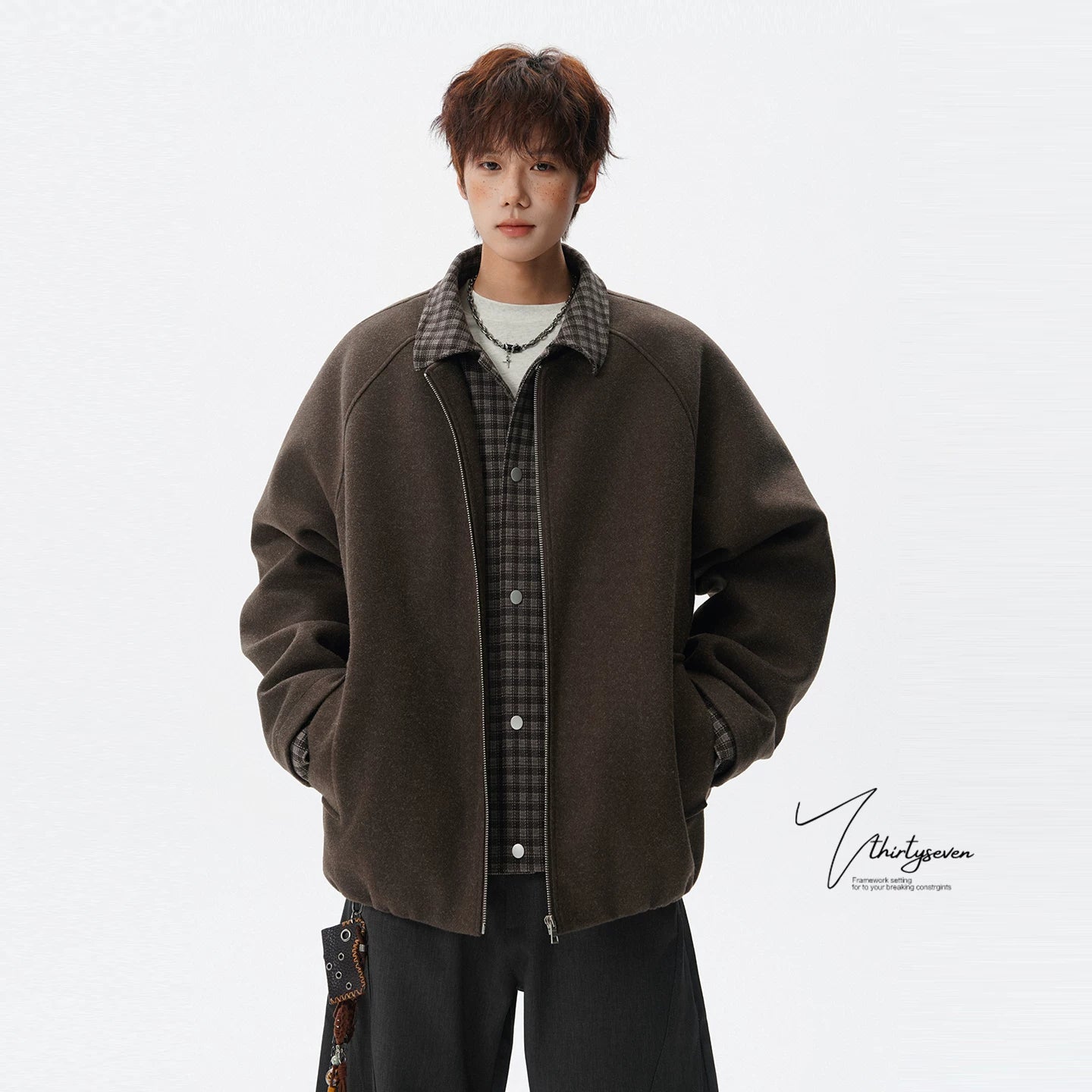 【Oneblue Shop】【2way風】フェイクレイヤード メルトン ウールブルゾン / ビッグシルエット 襟付きコート LS2601091