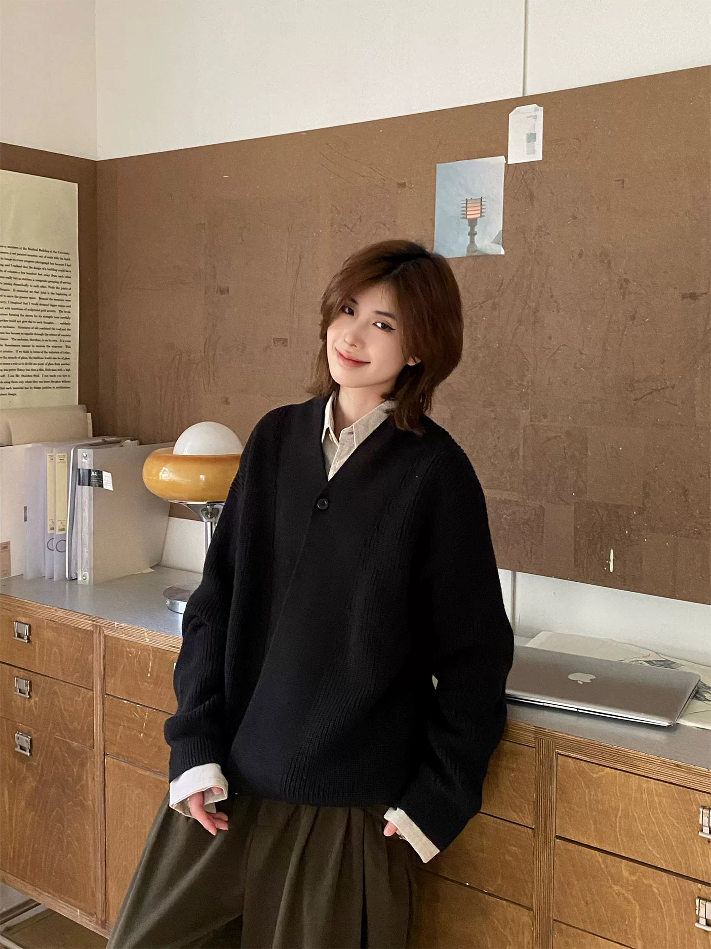 【Oneblue shop】ショールカラー オーバーサイズ ニットカーディガン / ビッグシルエット ルーズカーデ LS2601071