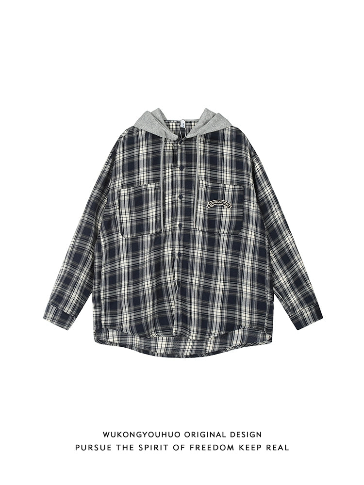 【OneBlue Shop】タギング刺繍 フード付きシャツ/plaid shirt Ls2404241