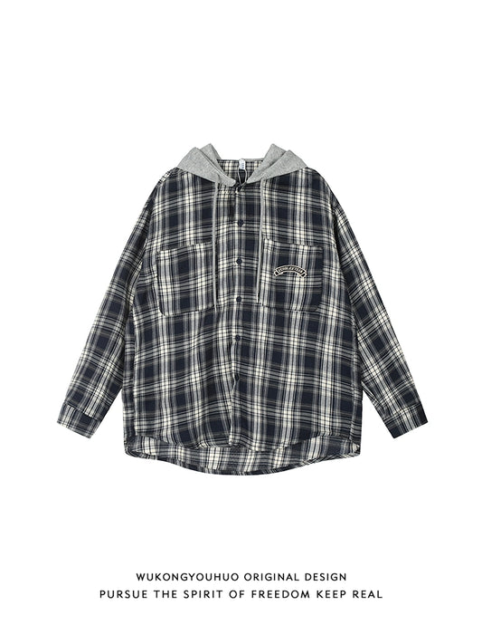 【OneBlue Shop】タギング刺繍 フード付きシャツ/plaid shirt Ls2404241