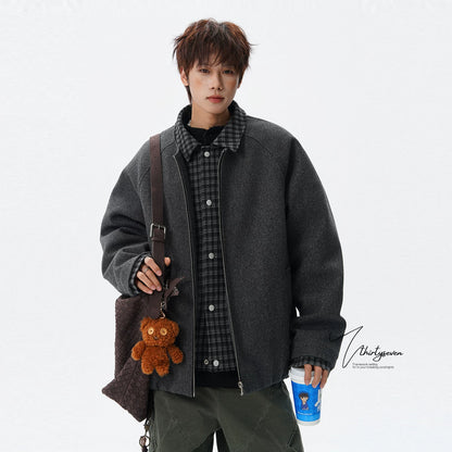 【Oneblue Shop】【2way風】フェイクレイヤード メルトン ウールブルゾン / ビッグシルエット 襟付きコート LS2601091