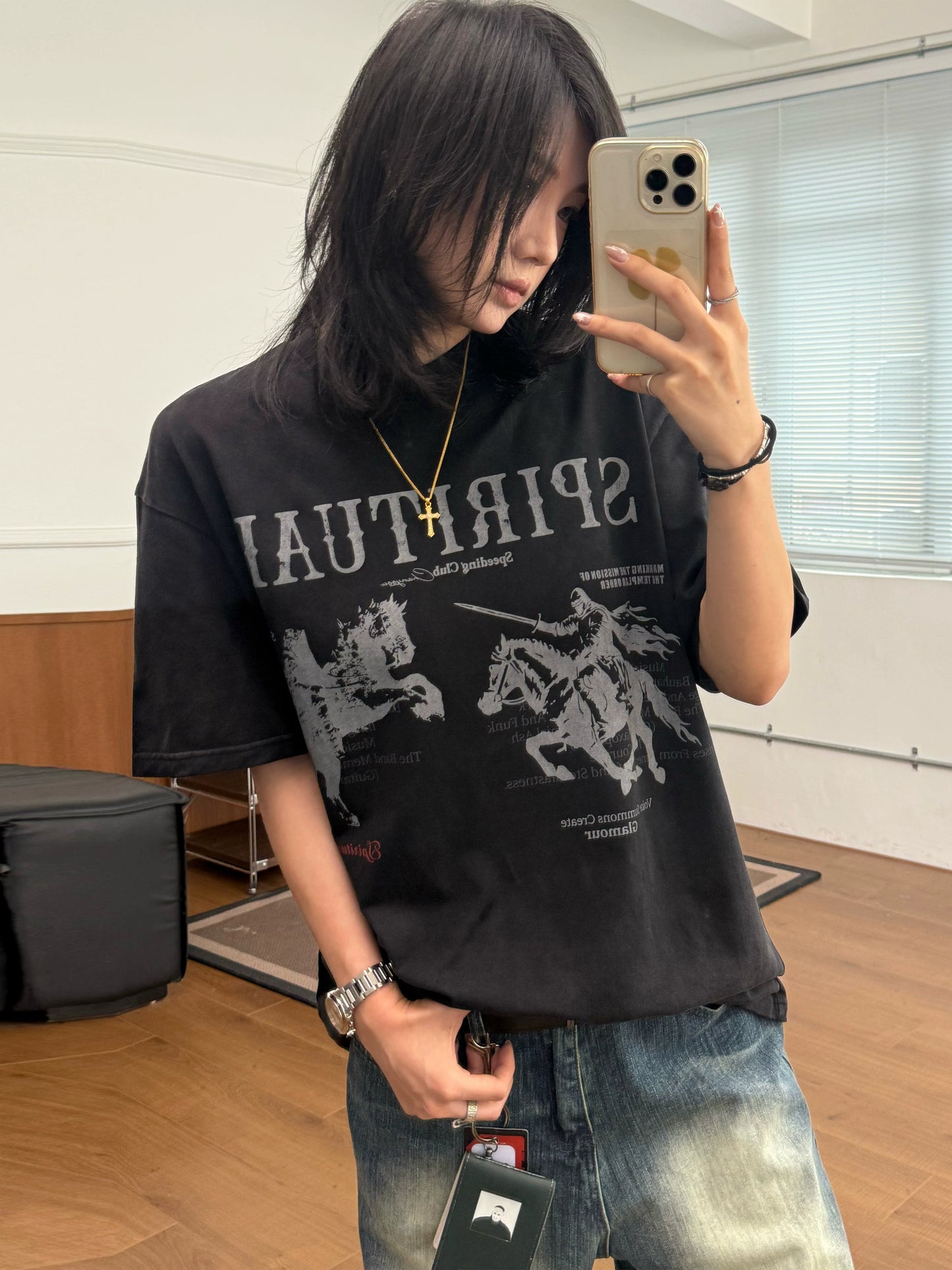 【Oneblue Shop】ウォッシュ加工 半袖 クルーネック Tシャツ（2Colors）242001