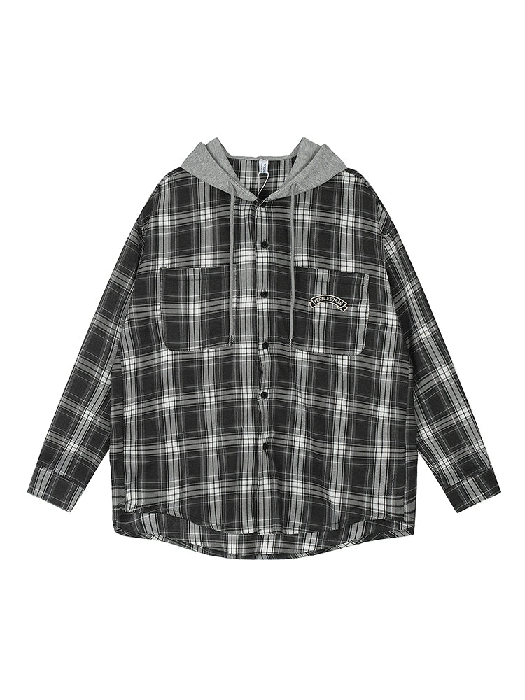 【OneBlue Shop】タギング刺繍 フード付きシャツ/plaid shirt Ls2404241