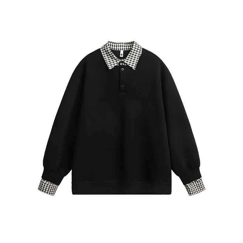 【oneblue Shop】【2way风】フェイクレイヤード チェック柄 襟付き スウェット / ビッグシルエット ポロプルオーバー