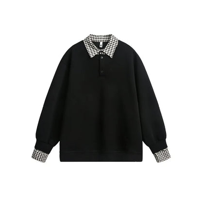 【oneblue Shop】【2way风】フェイクレイヤード チェック柄 襟付き スウェット / ビッグシルエット ポロプルオーバー