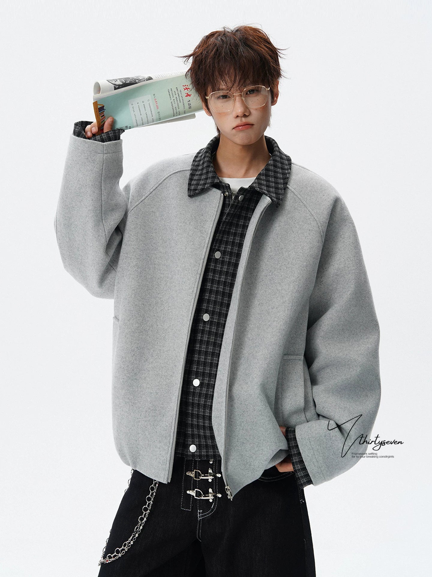 【Oneblue Shop】【2way風】フェイクレイヤード メルトン ウールブルゾン / ビッグシルエット 襟付きコート LS2601091