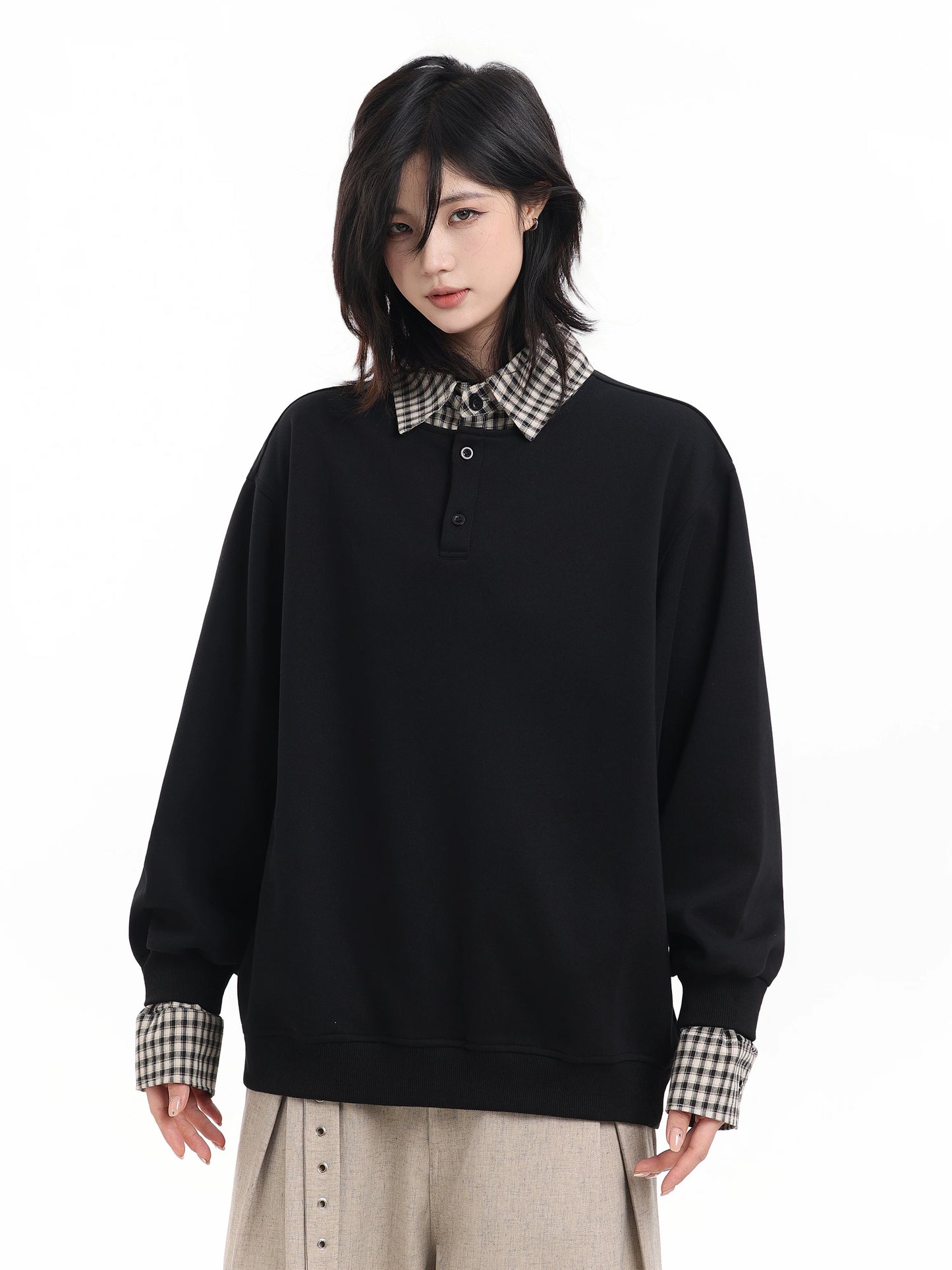 【oneblue Shop】【2way风】フェイクレイヤード チェック柄 襟付き スウェット / ビッグシルエット ポロプルオーバー