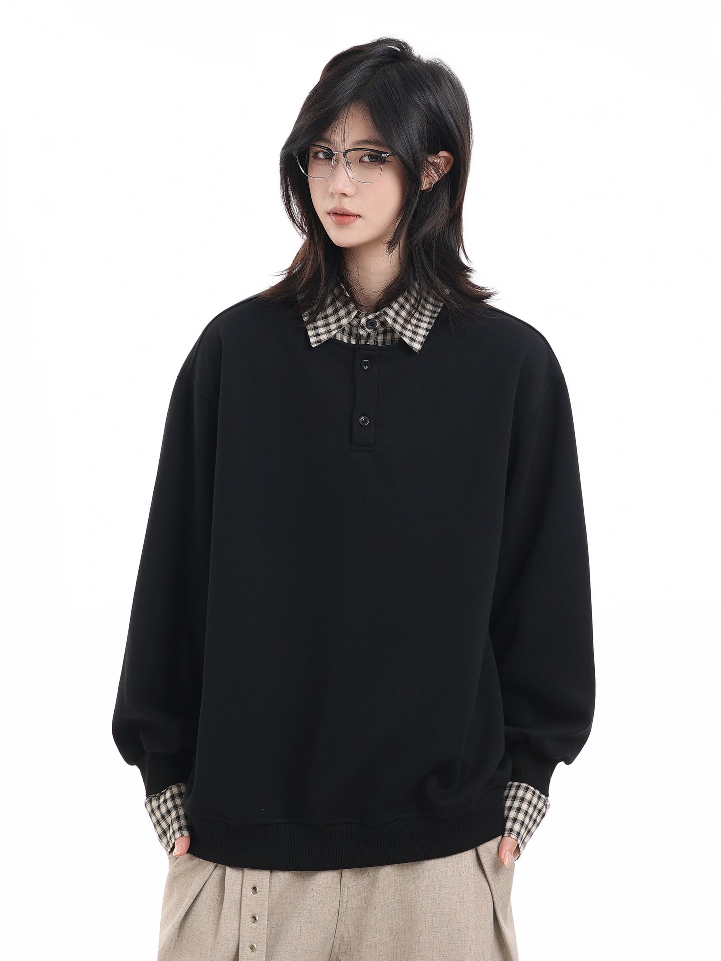 【oneblue Shop】【2way风】フェイクレイヤード チェック柄 襟付き スウェット / ビッグシルエット ポロプルオーバー