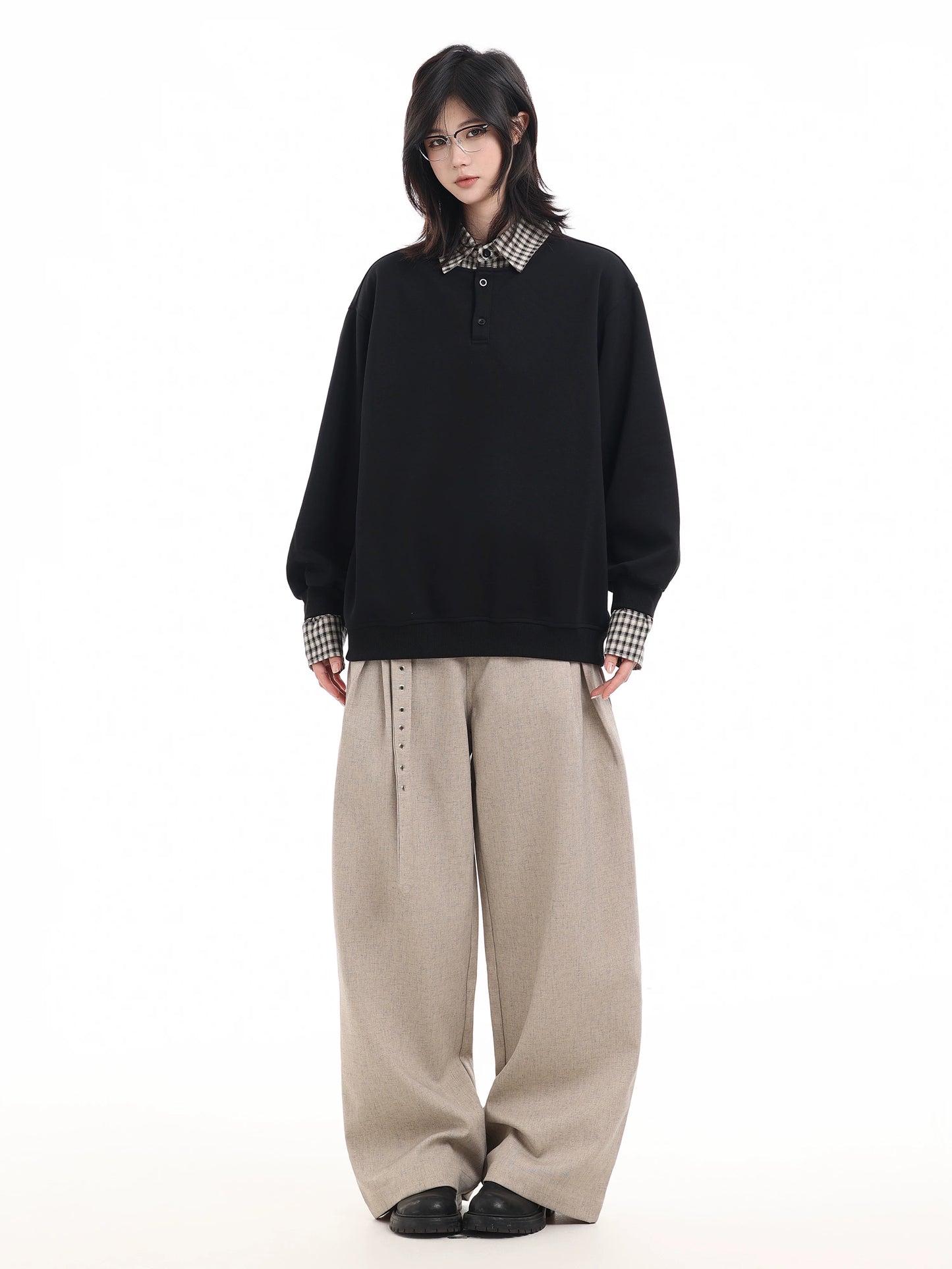 【oneblue Shop】【2way风】フェイクレイヤード チェック柄 襟付き スウェット / ビッグシルエット ポロプルオーバー