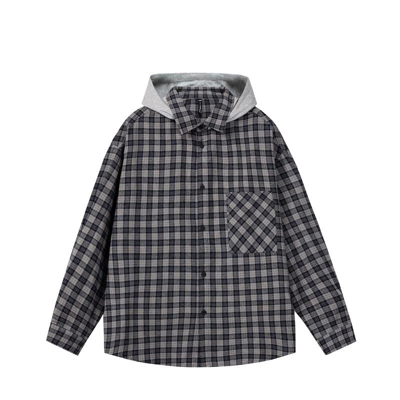 【Oneblue Shop】「チェックシャツ/フード付き/長袖」Check Shirt / Hooded / Long Sleeve LS2412301