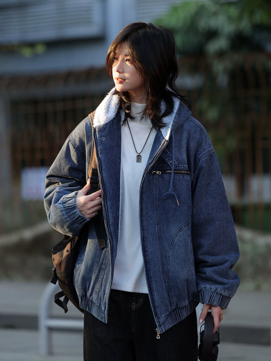 【Oneblue Shop】ボアライニングデニムフーデッドジャケット / Boa-Lined Denim Hooded Jacket LS2601168