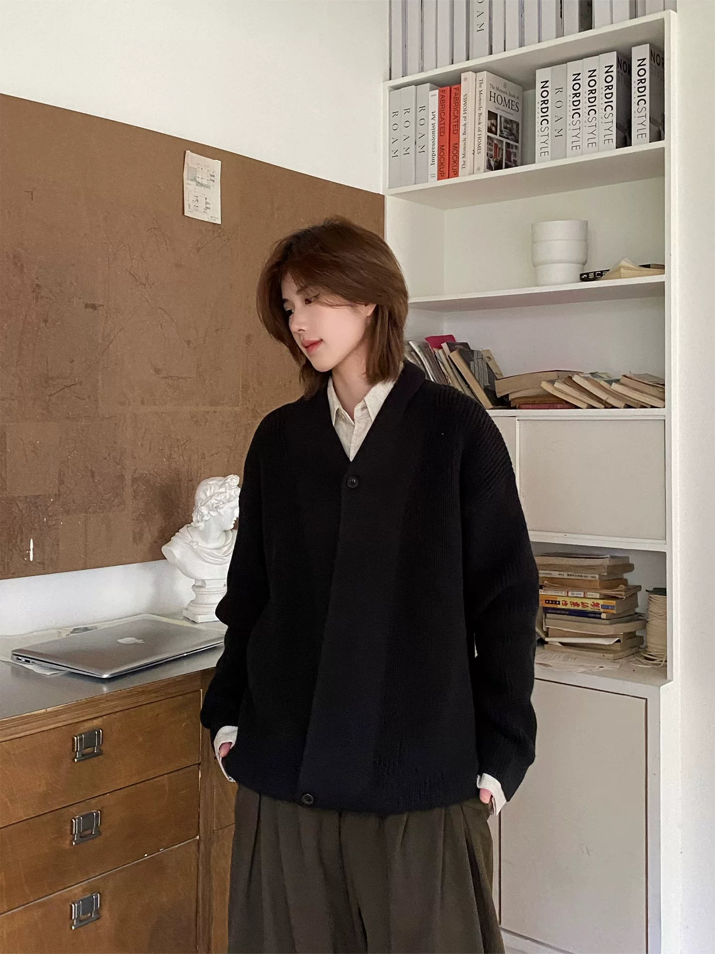 【Oneblue shop】ショールカラー オーバーサイズ ニットカーディガン / ビッグシルエット ルーズカーデ LS2601071