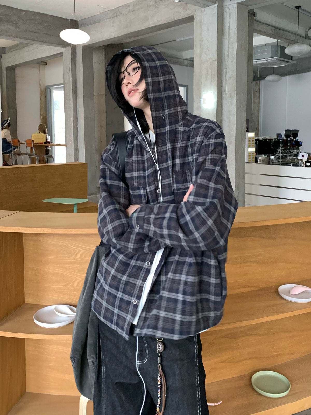 【Oneblue Shop】ダブルポケットフードチェックシャツ / DOUBLE POCKET HOODED PLAID SHIRT 260985