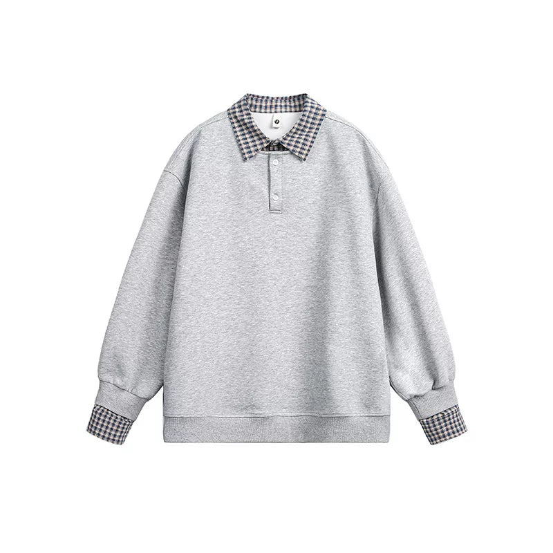 【oneblue Shop】【2way风】フェイクレイヤード チェック柄 襟付き スウェット / ビッグシルエット ポロプルオーバー