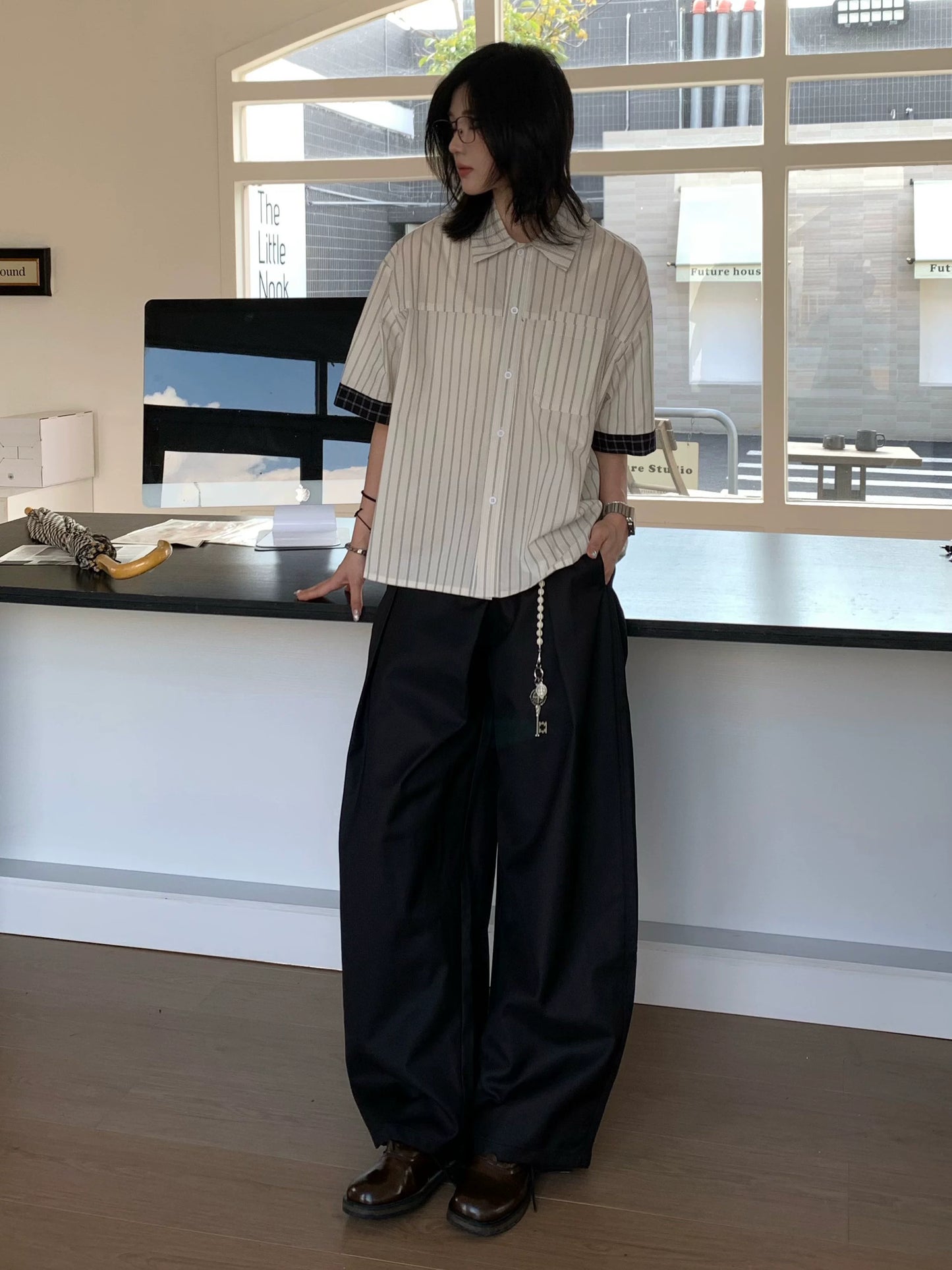 【Oneblue Shop】ストライプ パッチスリーブ シャツ / Contrast Stripe Half Sleeve Shirt NS67122