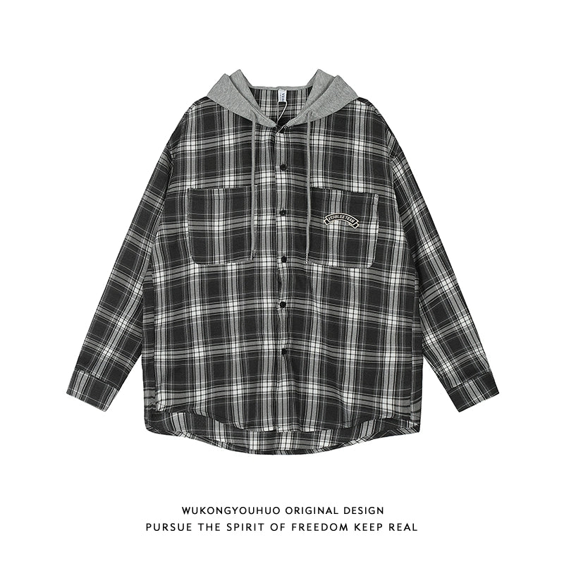 【OneBlue Shop】タギング刺繍 フード付きシャツ/plaid shirt Ls2404241