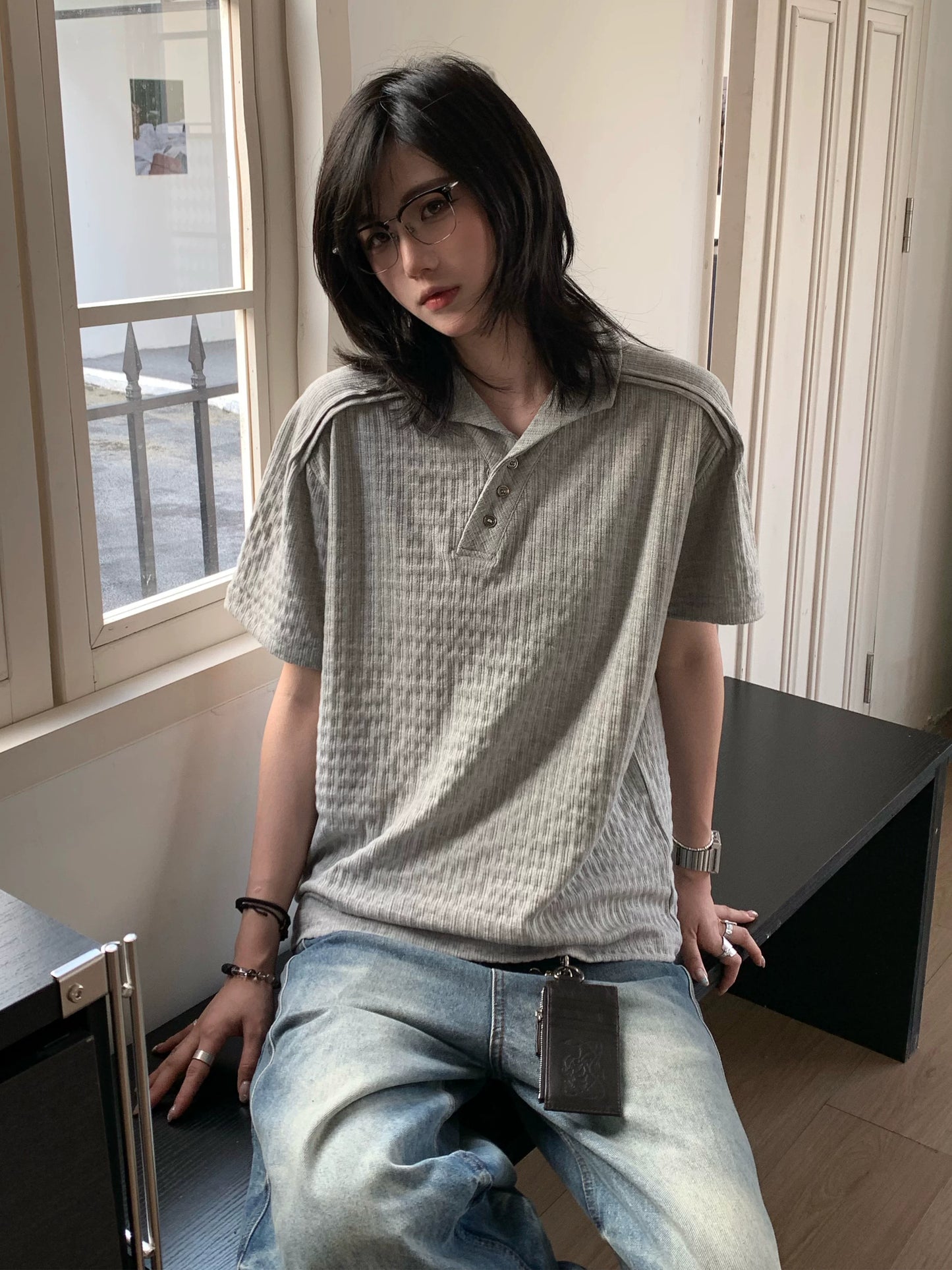 【Oneblue Shop】リブヘンリー ポロTシャツ / Rib Henley Polo Tee NS67127