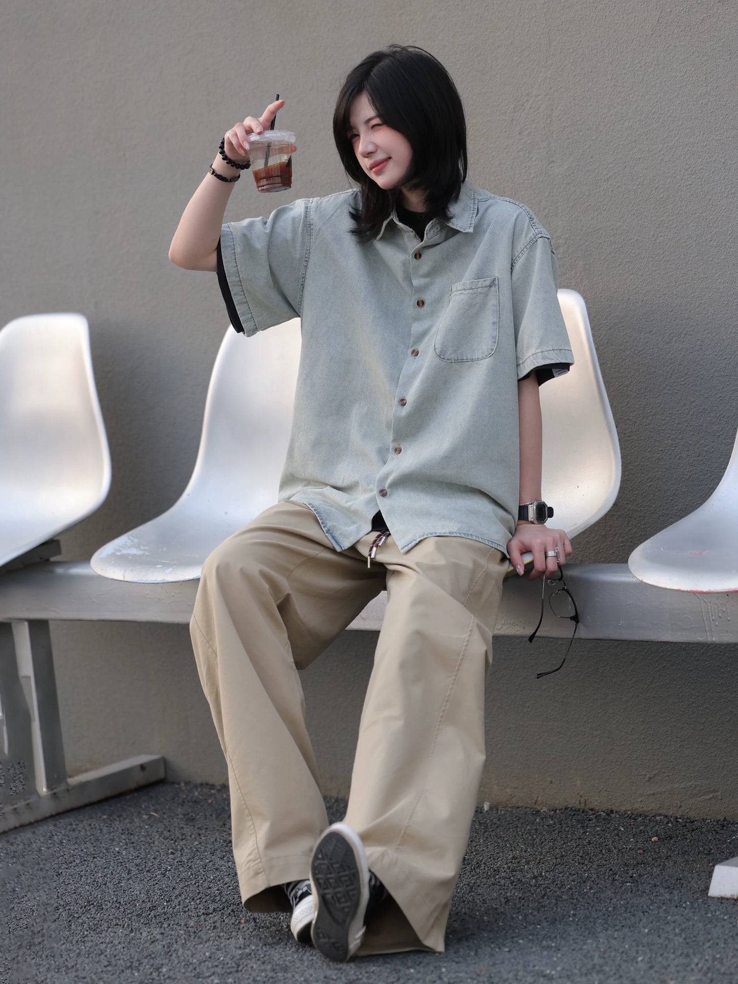 【Oneblue Shop】ウォッシュドデニムショートスリーブシャツ / Washed Denim Short Sleeve Shirt LS2604101