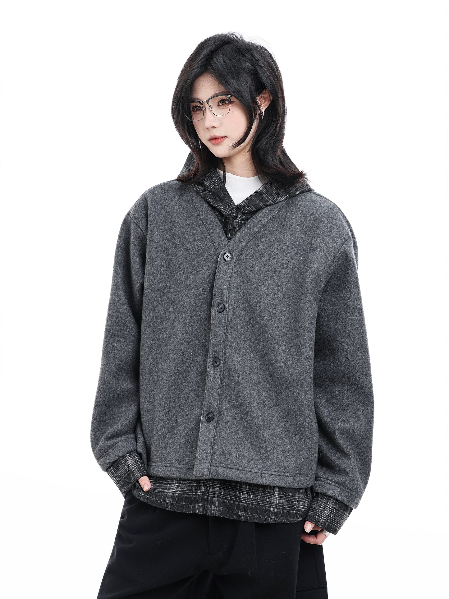 【Oneblue shop】【2way風】フェイクレイヤード フーデッドブルゾン / ビッグシルエット 重ね着風アウター LS2601095