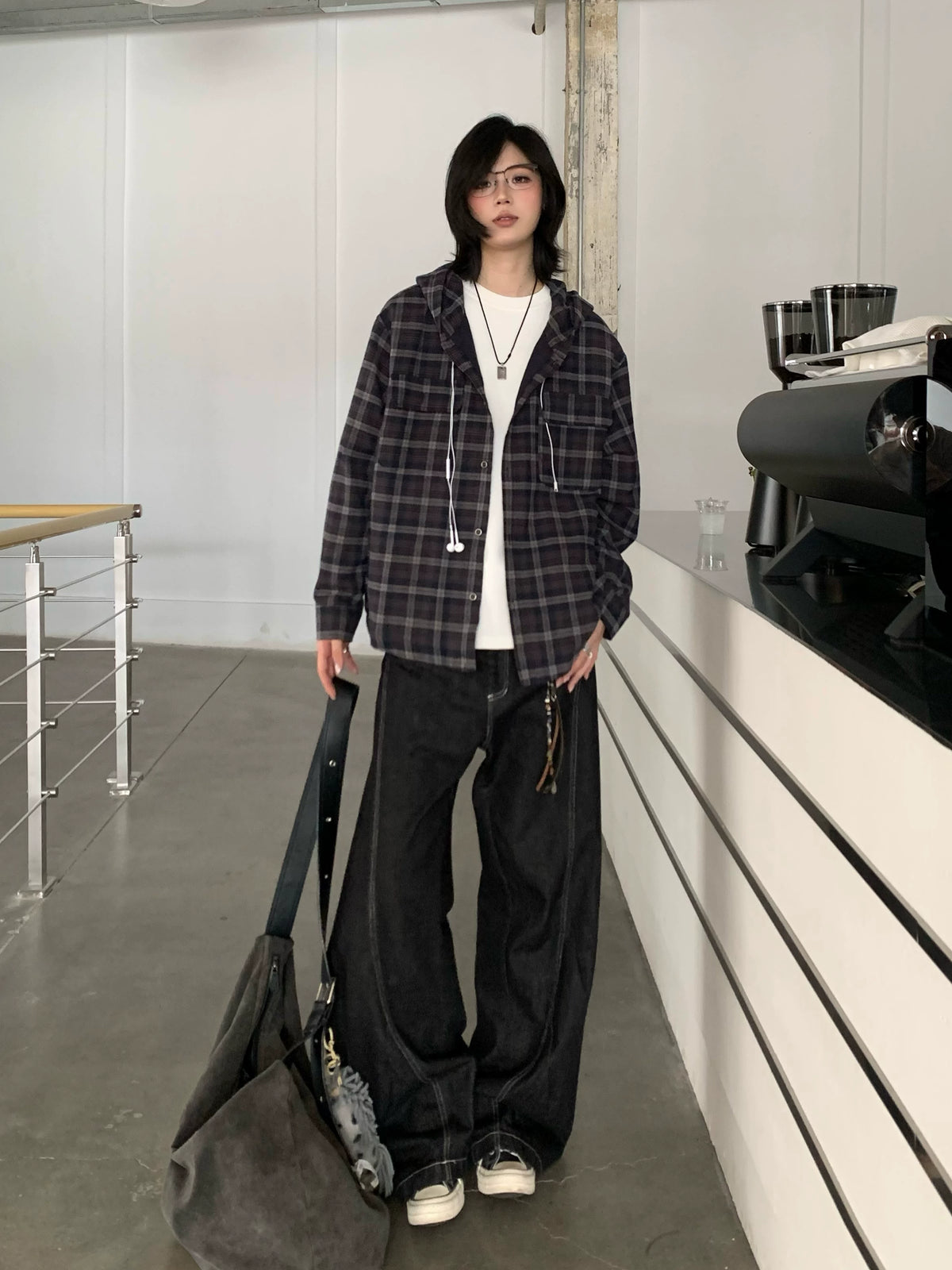 【Oneblue Shop】ダブルポケットフードチェックシャツ / DOUBLE POCKET HOODED PLAID SHIRT 260985