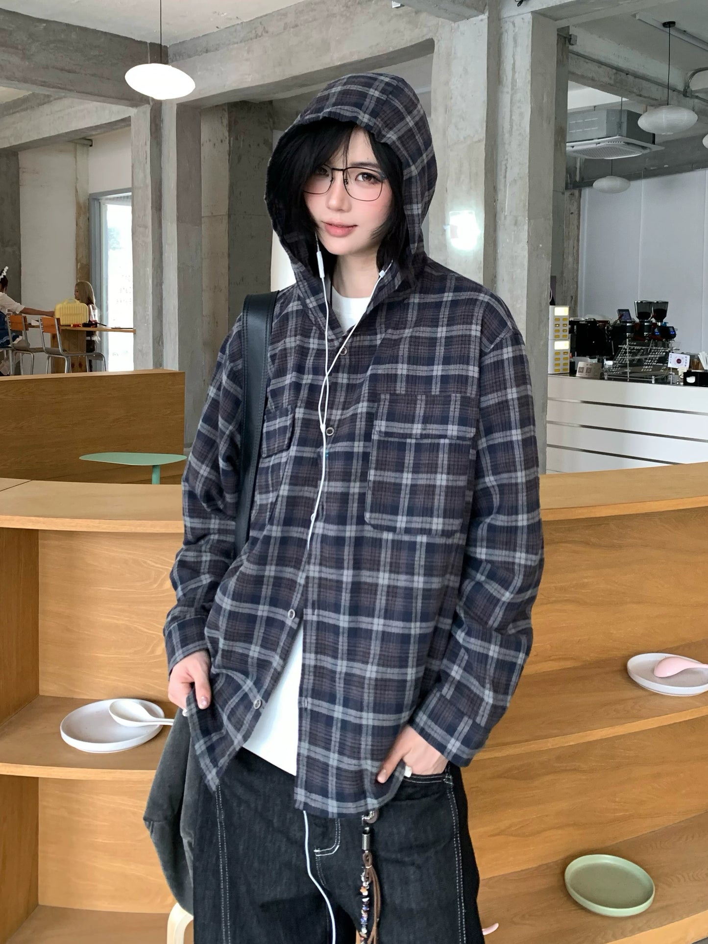 【Oneblue Shop】ダブルポケットフードチェックシャツ / DOUBLE POCKET HOODED PLAID SHIRT 260985