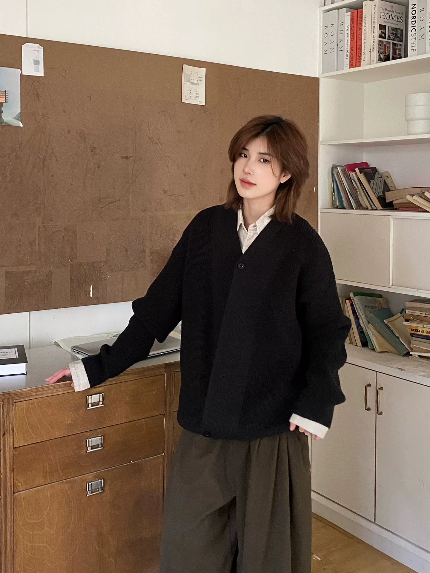 【Oneblue shop】ショールカラー オーバーサイズ ニットカーディガン / ビッグシルエット ルーズカーデ LS2601071