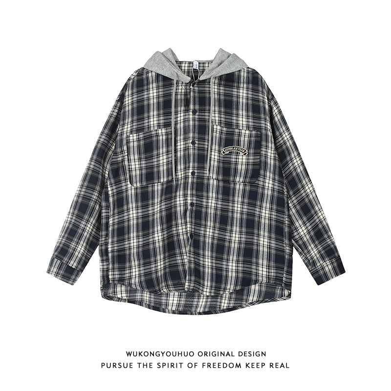 【OneBlue Shop】タギング刺繍 フード付きシャツ/plaid shirt Ls2404241