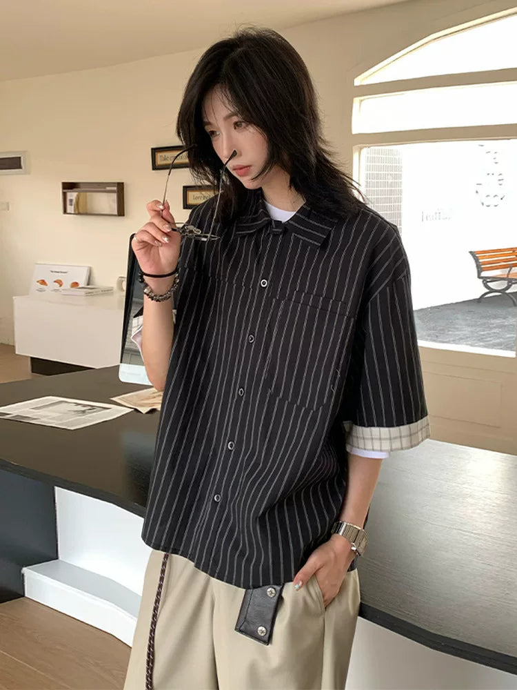 【Oneblue Shop】ストライプ パッチスリーブ シャツ / Contrast Stripe Half Sleeve Shirt NS67122