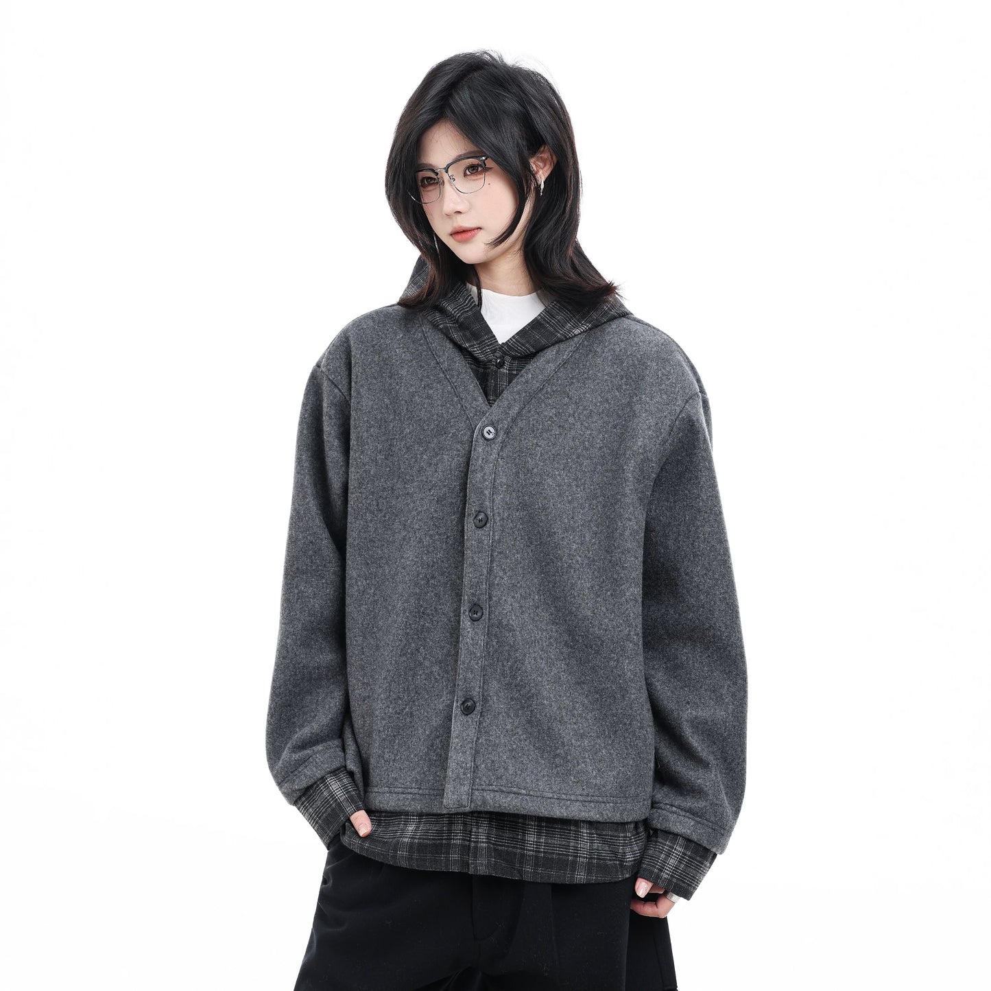 【Oneblue shop】【2way風】フェイクレイヤード フーデッドブルゾン / ビッグシルエット 重ね着風アウター LS2601095