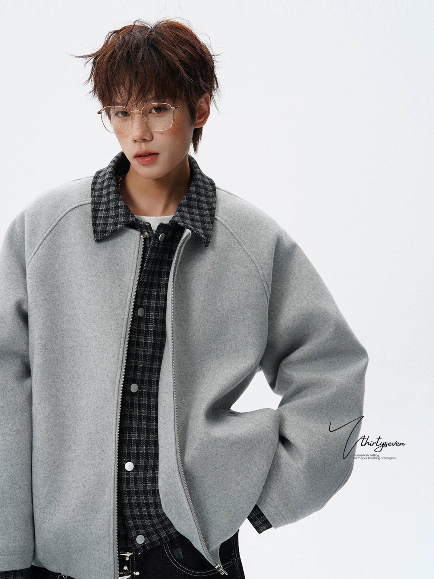 【Oneblue Shop】【2way風】フェイクレイヤード メルトン ウールブルゾン / ビッグシルエット 襟付きコート LS2601091