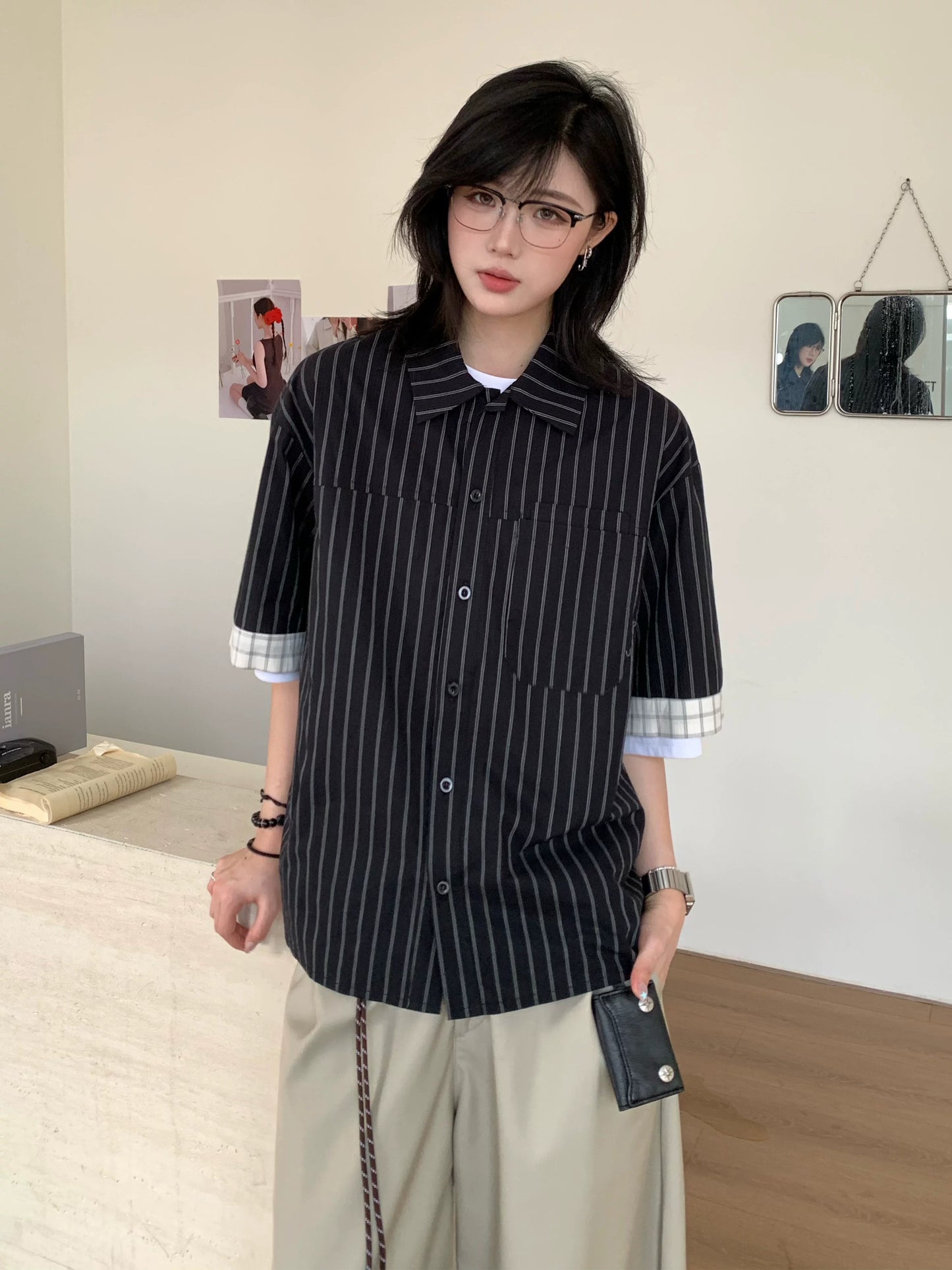 【Oneblue Shop】ストライプ パッチスリーブ シャツ / Contrast Stripe Half Sleeve Shirt NS67122