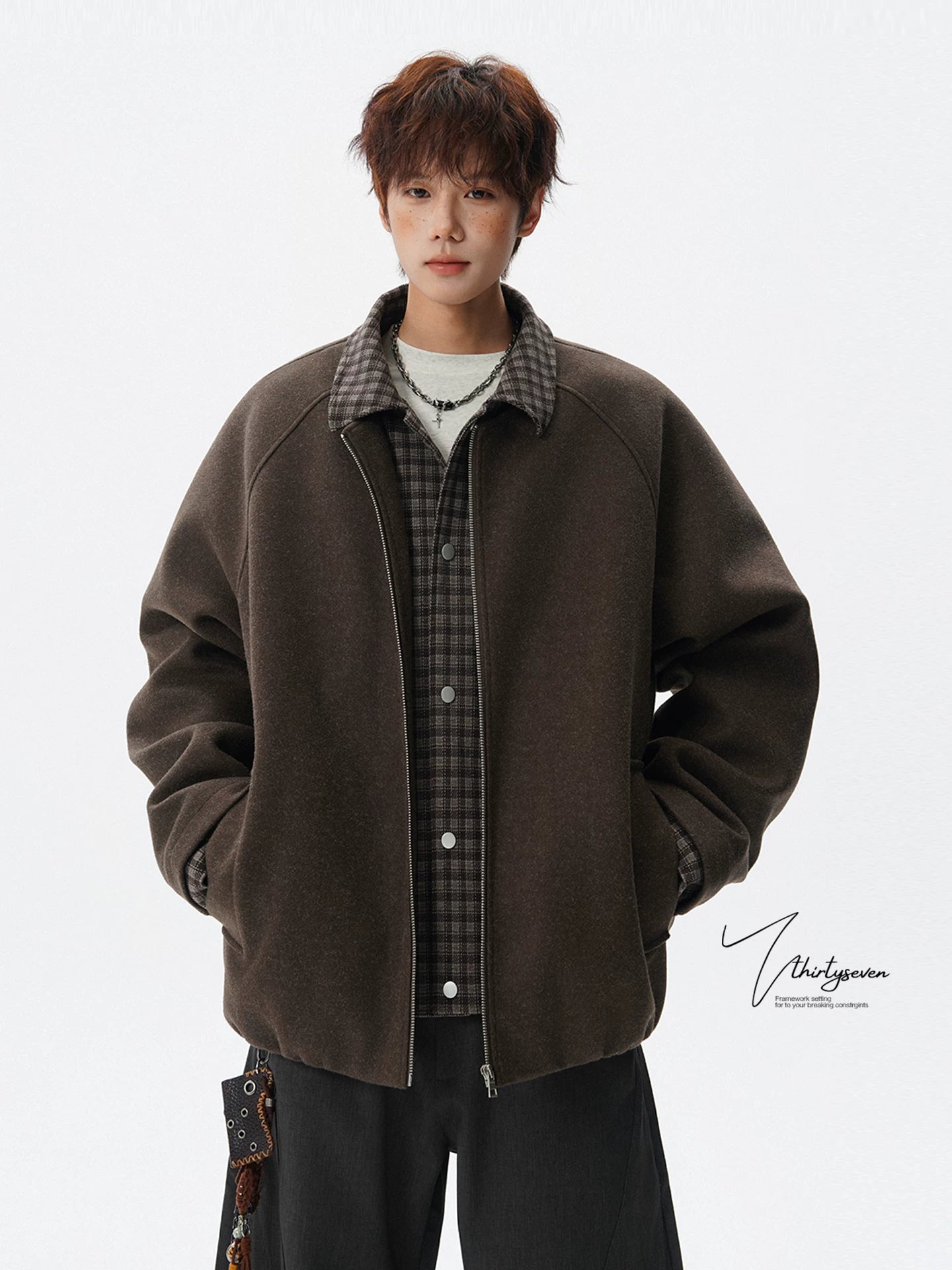 【Oneblue Shop】【2way風】フェイクレイヤード メルトン ウールブルゾン / ビッグシルエット 襟付きコート LS2601091