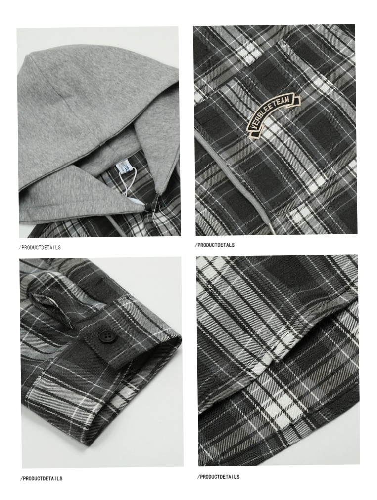 【OneBlue Shop】タギング刺繍 フード付きシャツ/plaid shirt Ls2404241