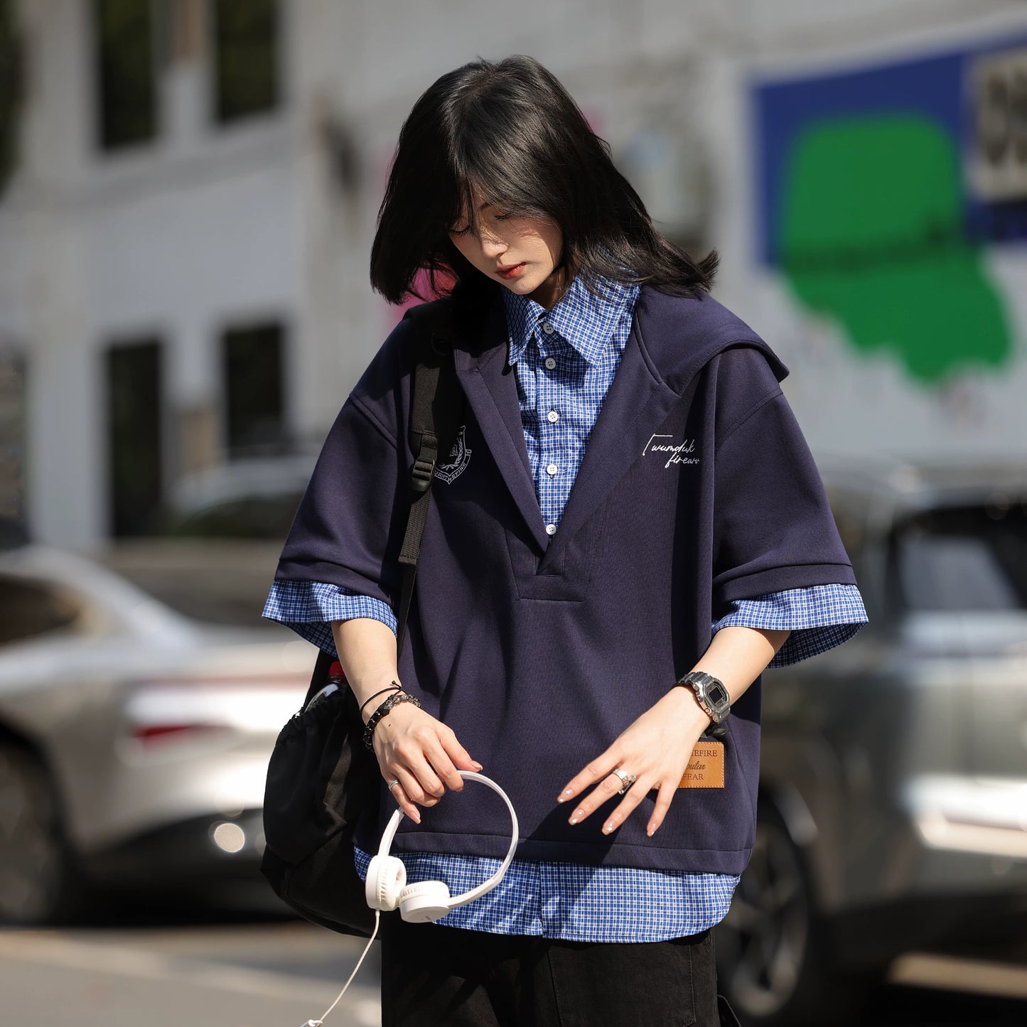 【Oneblue Shop】フェイクレイヤード 重ね着風 半袖 フーディー プルオーバー（3Colors）241835