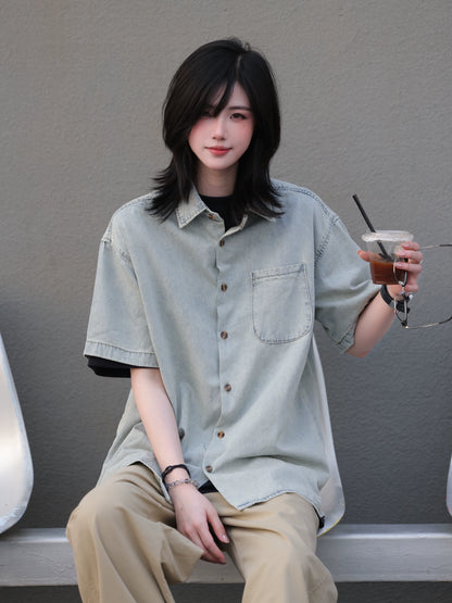 【Oneblue Shop】ウォッシュドデニムショートスリーブシャツ / Washed Denim Short Sleeve Shirt LS2604101