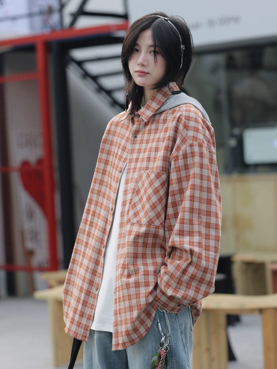 【Oneblue Shop】「チェックシャツ/フード付き/長袖」Check Shirt / Hooded / Long Sleeve LS2412301