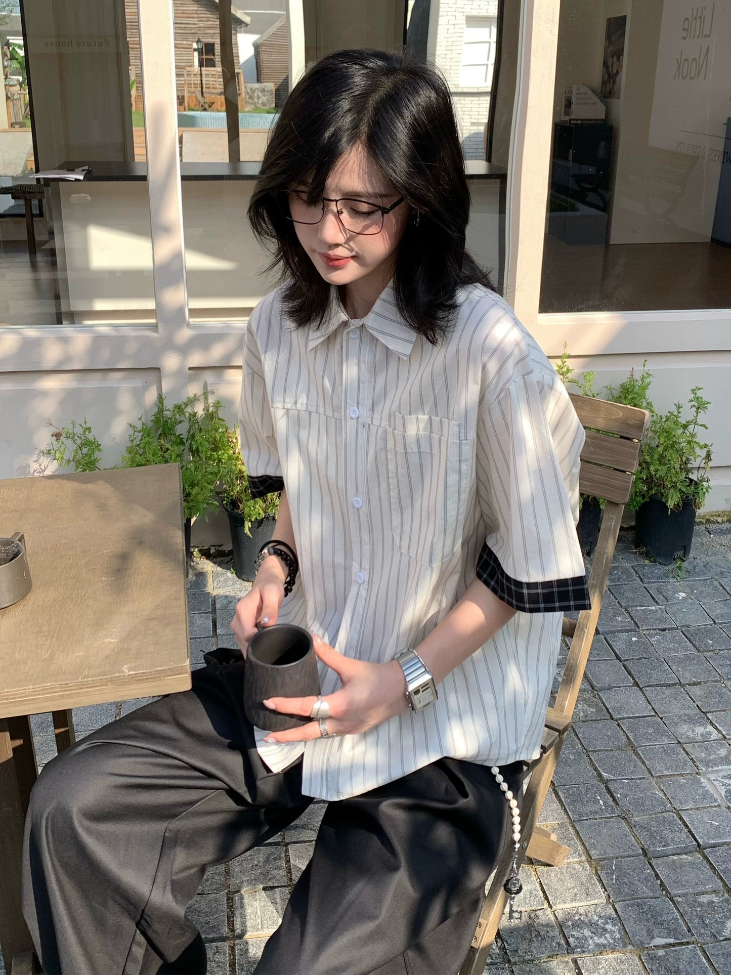 【Oneblue Shop】ストライプ パッチスリーブ シャツ / Contrast Stripe Half Sleeve Shirt NS67122