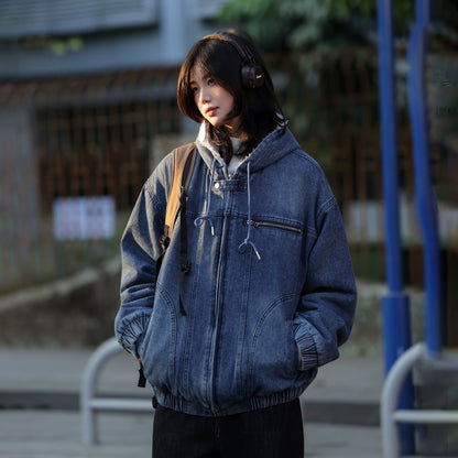 【Oneblue Shop】ボアライニングデニムフーデッドジャケット / Boa-Lined Denim Hooded Jacket LS2601168