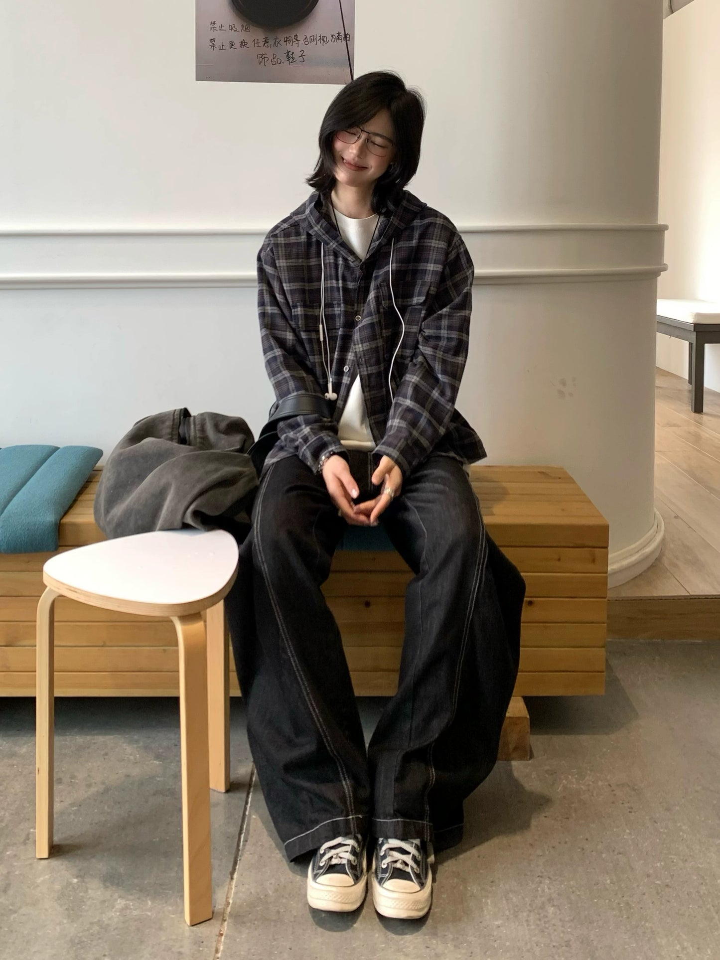 【Oneblue Shop】ダブルポケットフードチェックシャツ / DOUBLE POCKET HOODED PLAID SHIRT 260985