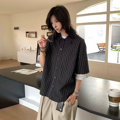 【Oneblue Shop】ストライプ パッチスリーブ シャツ / Contrast Stripe Half Sleeve Shirt NS67122