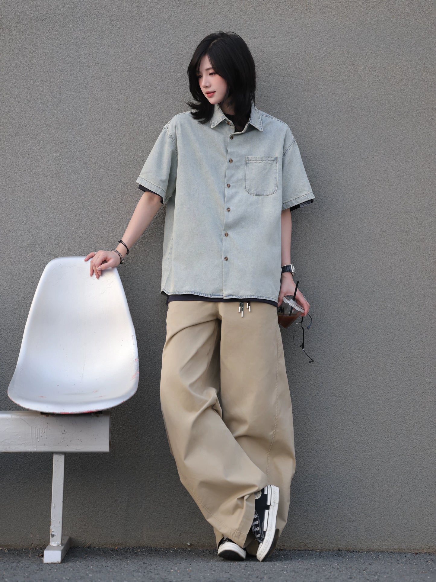 【Oneblue Shop】ウォッシュドデニムショートスリーブシャツ / Washed Denim Short Sleeve Shirt LS2604101