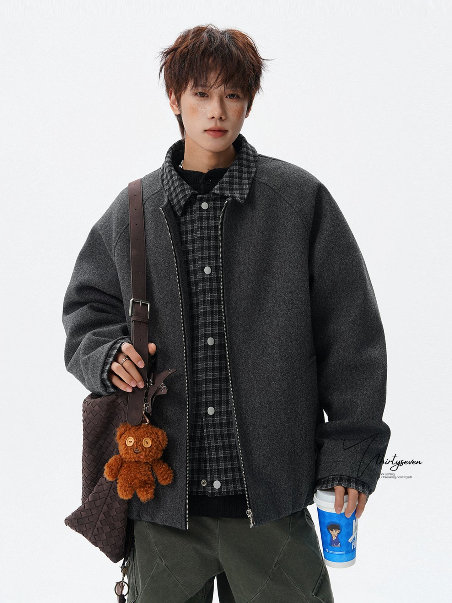 【Oneblue Shop】【2way風】フェイクレイヤード メルトン ウールブルゾン / ビッグシルエット 襟付きコート LS2601091