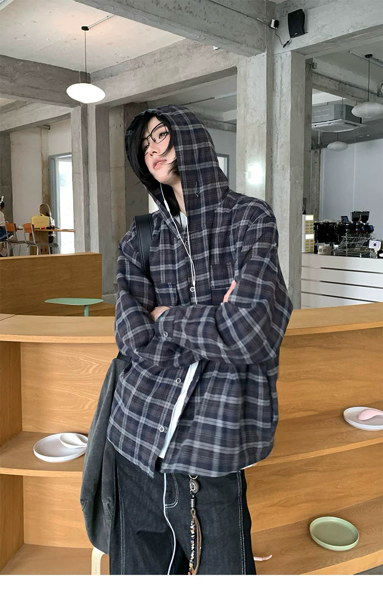 【Oneblue Shop】ダブルポケットフードチェックシャツ / DOUBLE POCKET HOODED PLAID SHIRT 260985