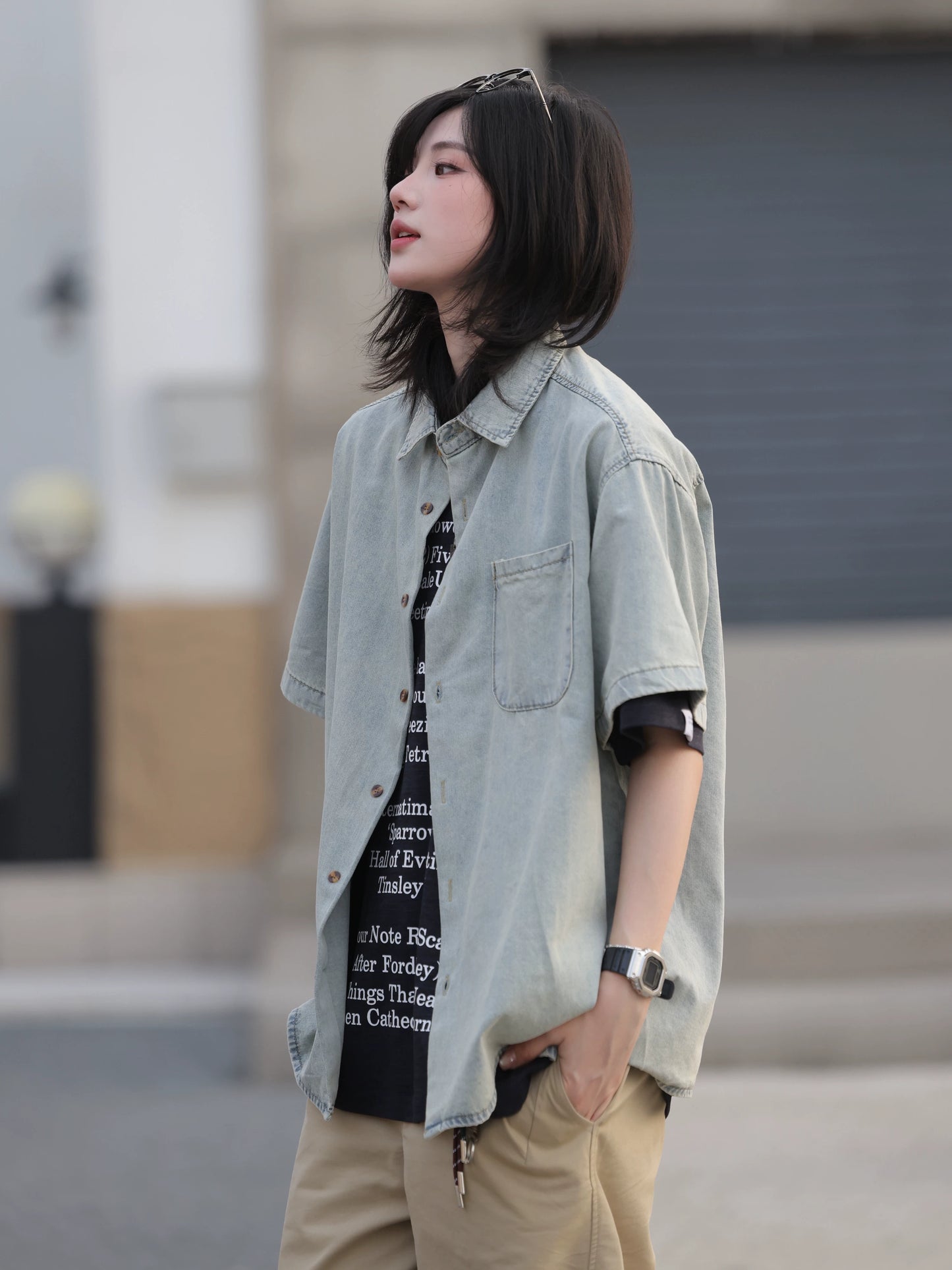 【Oneblue Shop】ウォッシュドデニムショートスリーブシャツ / Washed Denim Short Sleeve Shirt LS2604101